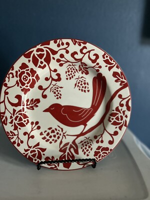 STONEWARE PIER 1 INDONESIA RED BIRD PATTERN SALAD PLATE-image