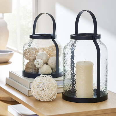 Better Homes & Gardens Black Metal Hammered Glass Candleholder Lantern,11