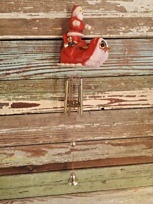 Vintage Christmas Blow Mold Santa Claus Wind Chime Holly & Berries Hong Kong MCM-image