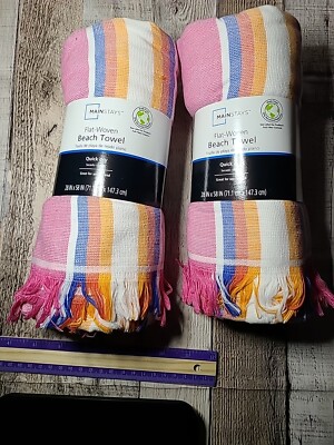 2 Mainstays Beach Towel 28 In X 58 In Pink,White,Red, Orange Stripes. Quick Dry.-image