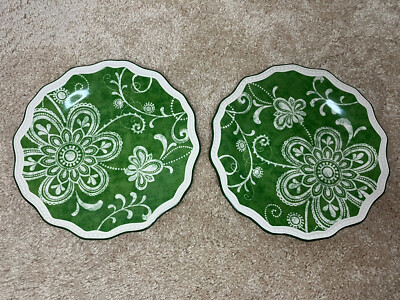 Set (2) Pier 1 Maribeth Green Accent Salad Plate with Paisley Floral Design-image