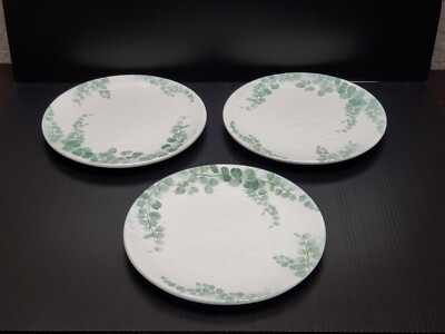 Rare Pier 1 Hushed Harvest Set of 3 Salad Plates White Blue Green Eucalyptus-image