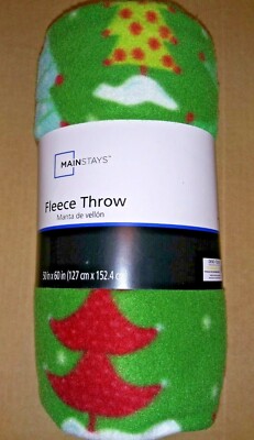 MainStay Green with Red/Blue/Yellow Christmas Trees Theme 50x60 fleece throw-image