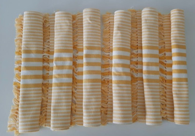 Set of 6 Pier One Imports Placemats Yellow white Stripes Fringe Cotton 19x13 NEW-image