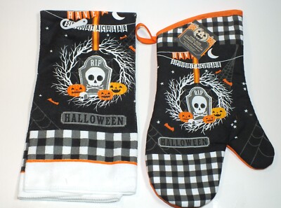 Halloween Decor Kitchen Mitt Matching Towel Set Spooktacular Tombstone Design-image