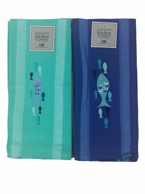 Design Imports Lagoon Blue Fish Embellished Dishtowel Set of 2 Turquoise Blue-image