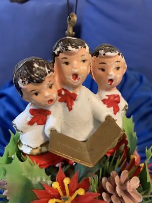 Vintage Christmas Blow Mold Choir Boys Wind Chime Christmas Holly Hong Kong-image