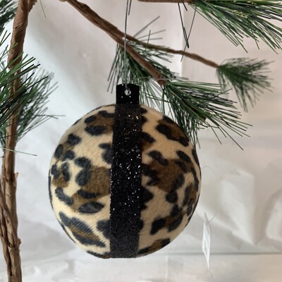 RAZ Imports Leopard Print Fabric Christmas Ornament IWth Black Glitter Band-image