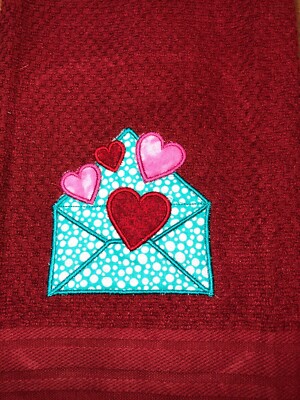 Appliqued Embroidered Red Kitchen Hand Towel Valentine Envelope w hearts BS2715-image