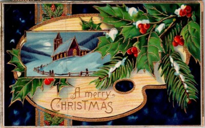 Christmas Vintage Postcard Snowy Village Winding Road Scene Holly Trees Merry-image