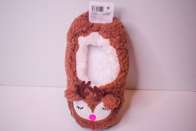 Fuzzy Babba Cozy Slipper Socks Reindeer Size 7-9.5 Brown White NWT NEW Winter -image