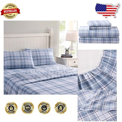 Cotton Flannel Twin Sheet Set in Mulholland Plaid Blue - Cozy Comfort & Style-image