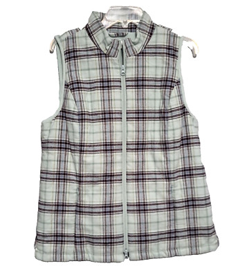 J Jill Womens Vest M Mint Green Plaid Flannel Fleece Lined Pockets Cozy Winter-image