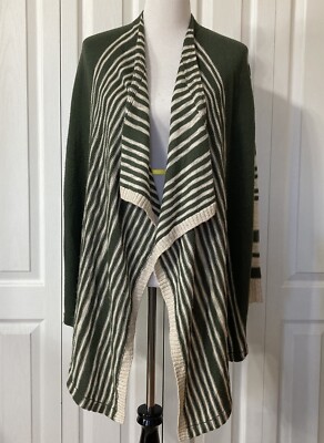 Pink Rose SZ M Green Beige Stripe Open Front Waterfall Cardigan Sweater-image