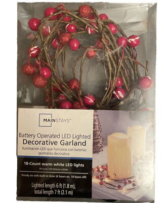 Light Up Decorative Garland Battery Operated LED Lighted Red Berries NEW-image