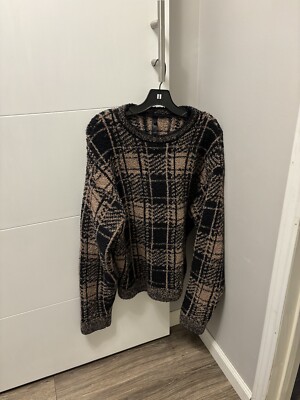 Skims Cozy Sherpa Women Crew Neck Pullover Sweater Size XL Plaid Black Brown-image