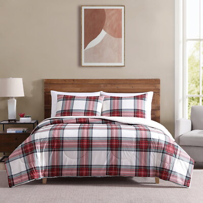 3-Piece Adult Flannel/Sherpa Comforter Set Red Tartain Plaid Full/Queen Size-image