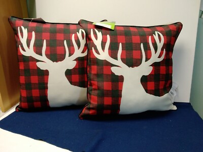 Outdoor Throw Pillows Red/Black Checker with Deer 16X16 Set Of 2-image