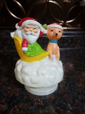 VINTAGE! RARE! WIND-UP REVOLVING MUSICAL SANTA & REINDEER HONGKONG NO BATTERIES -image