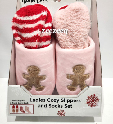 Christmas Pink Gingerbread Women's Cozy Slippers & Socks Large  L (8-9)-image