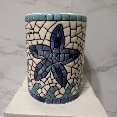 Pier 1 Cracked Mosaic Blue Star Fish Cup Hand Painted Philippines 3.75”-image
