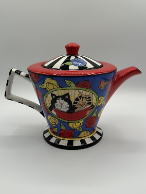 Catzilla 2005 Candace Reiter Cats Reading Red & Yellow Roses Lg. Ceramic Teapot.-image