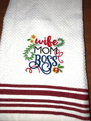 Embroidered Striped Kitchen Hand Towel  Wife MOM Boss w Flowers  BS2445-image