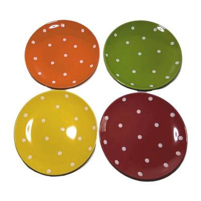 Lot of 4 Pier 1 Imports Dessert Plates Red Green Orange Yellow White Polka Dots-image