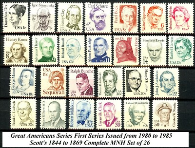 Great Americans 1st Issues 1980 - '85 Complete Set of 26 Scotts 1844 to 1869 MNH-image