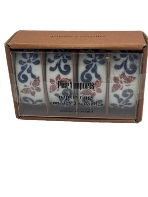 Pier One Butterfly White Cobalt Blue Red Ceramic Napkin Ring Holder Set of 4 NEW-image