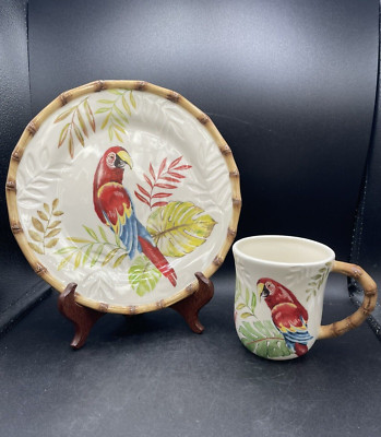 Pier 1 Imports Cabana Macaw Bird Coffee Mug/Plate Set Tropical Discontinued-image