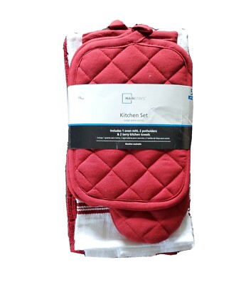 Mainstays 5 Piece Kitchen Set with Towels Jumbo Oven Mitt & Potholders RED New-image