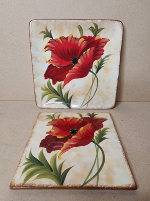 Poppies Set: 1 Salad Plate, 1 Trivet From Pier One Hand Painted Earthenware-image