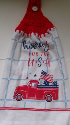 RED Yarn  Crochet Top  hooray FOR THE USA TRUCK Print Cotton Kitchen Dishtowel-image