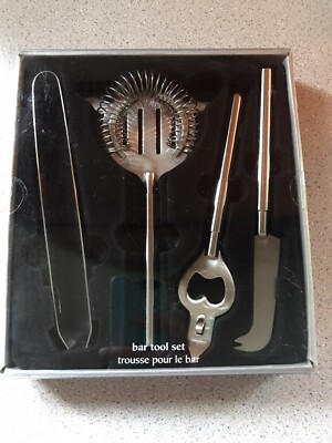 Pier 1 Imports 4 Piece Bar Tool Set:  Tongs Strainer Bottle Opener Knife NIB-image