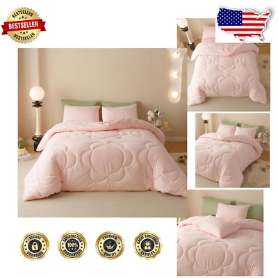 Light Pink Twin Comforter Set with Floral Design - Cozy Microfiber Bedding-image