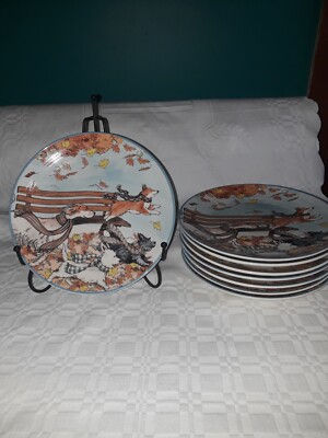  PIER ONE  “AUTUMN PARK BENCH PUPS” 8 1/2” Dolomite PLATE  Retired For 1 Plate-image