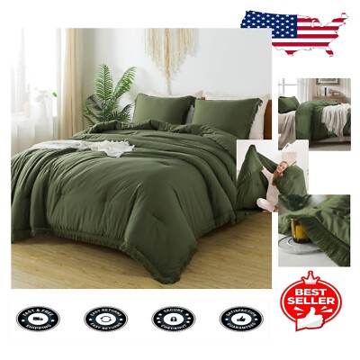 Elegant Olive Green 3-Piece King Comforter Set with Boho Tassels and Pillowcases-image