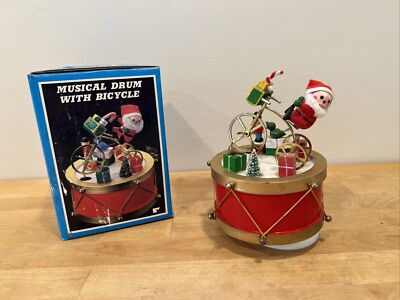 Vintage Christmas Santa on Bike Whimsical Wind Up Musical Decor Music Box-image