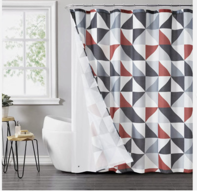 Mainstays 14pc Fabric Shower Curtain Set Red & Black Geometric 72 X 72 Easy Care-image