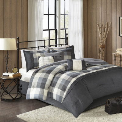 BEAUTIFUL COZY CLASSIC MODERN GREY WHITE PLAID STRIPE LODGE CABIN COMFORTER SET-image