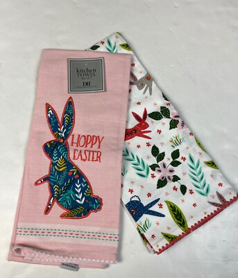 Design Imports Hoppy Easter Spring Holiday Dishtowel Bunny Floral Set of 2-image