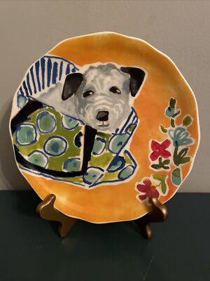 Pier 1 Dolomite Ceramic Plate Dog In Handbag 8.5”-image