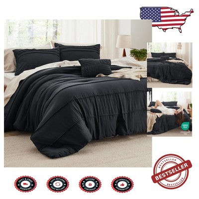 Elegant Black Comforter Set - 4-Piece Pinch Pleat Bedding for Year-Round Use-image