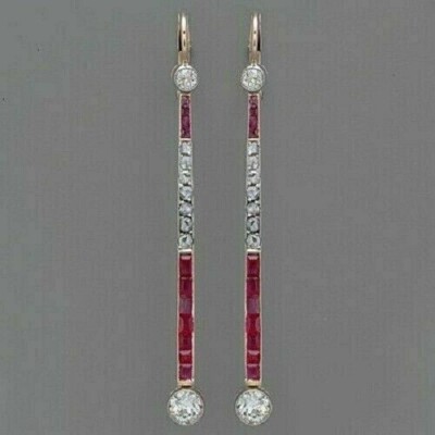 Art Deco Style Lab Created Diamond Long Tear Drop 14k White Gold Over Earrings.-image