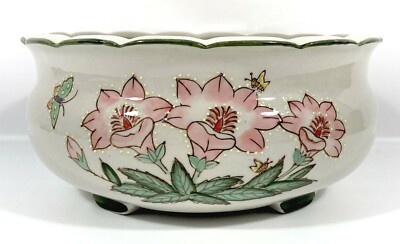 Vtg Hand Painted Floral Butterfly Scalloped Planter Pot Koi Bowl 10