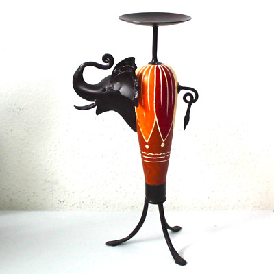 VTG Pier 1 Imports African Elephant Wood & Metal Candle Holder 12
