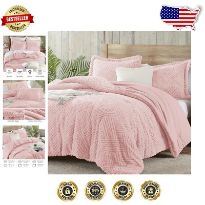 Pink Fluffy King Comforter Set - Cozy 3-Piece Warm Bedding with Pillow Shams-image