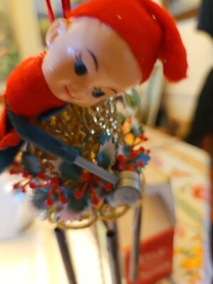 Vintage Pixie Knee Hugger Elf Bell Wind Chime~Mallet Glitter Holly Mistletoe MCM-image
