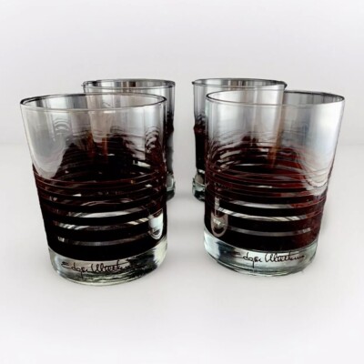 EDGAR WATKINS Old Fashioned Glasses Set Of 4 Rocks Vtg MCM Double Brown Stripes-image